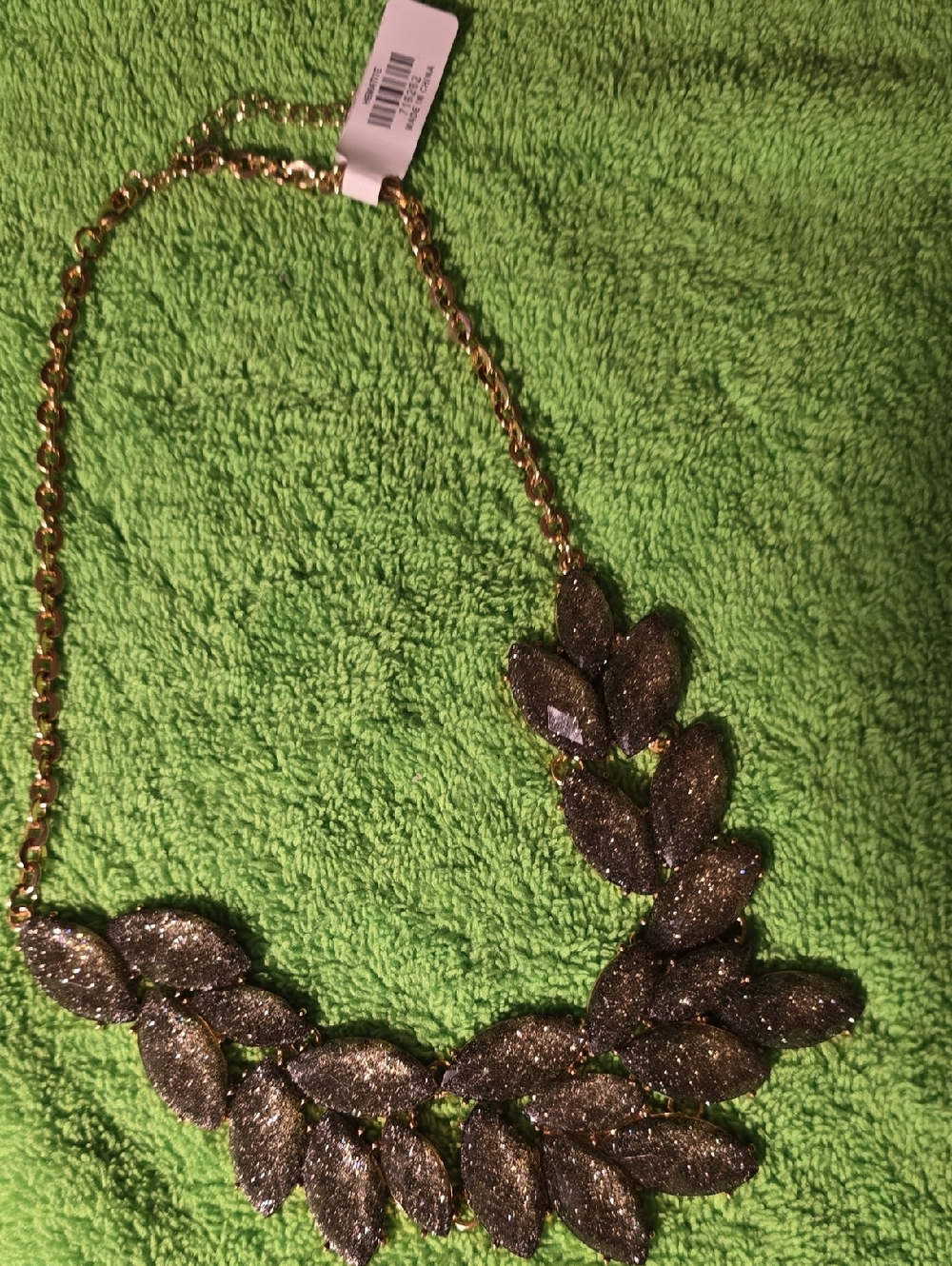 Gold Chain Necklace with Dark Glitter Leaf Accents - Women's Jewelry